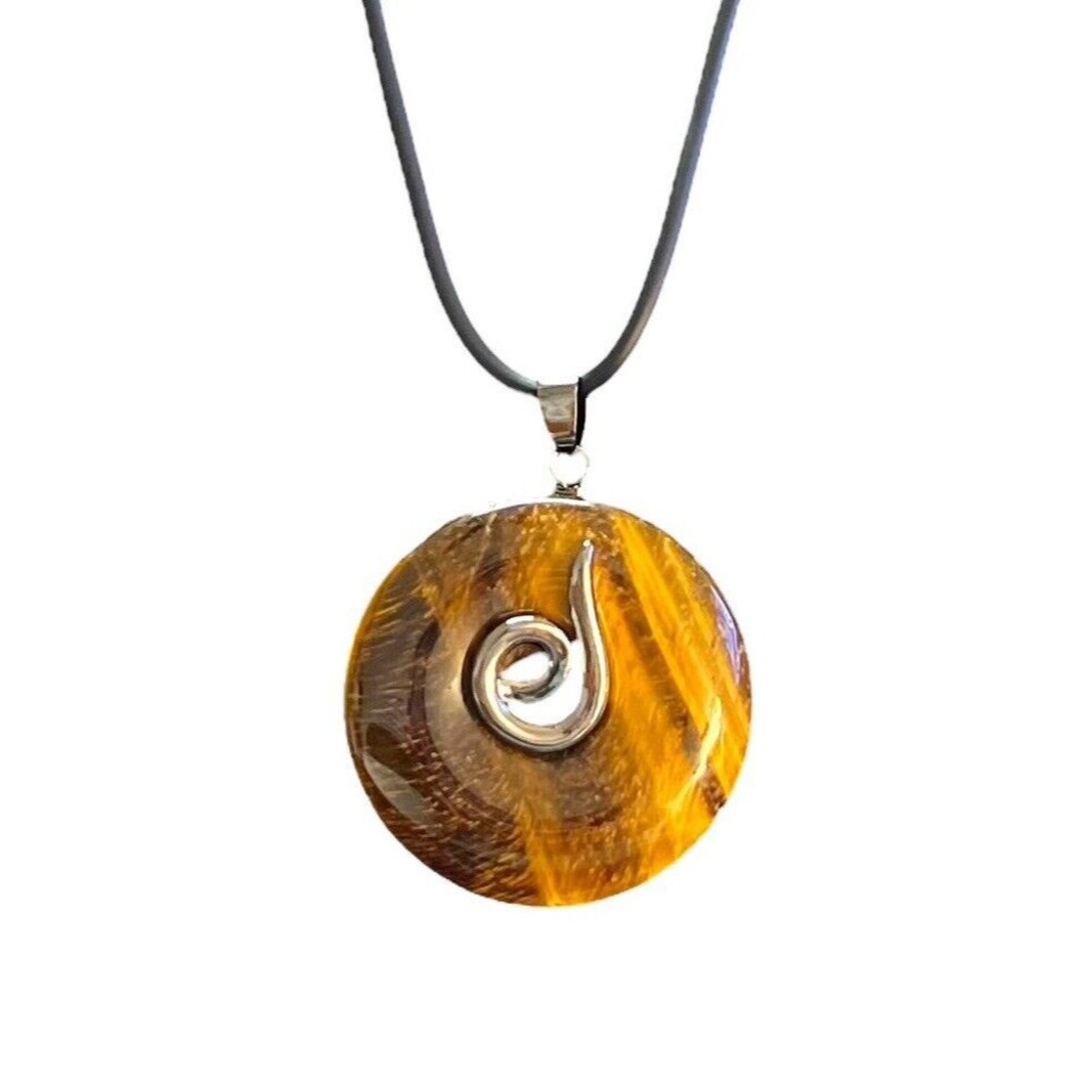 Leo Zodiac Sign Gunmetal W/Natural Tiger’s Eye Pendant W Cord Astrology NEW